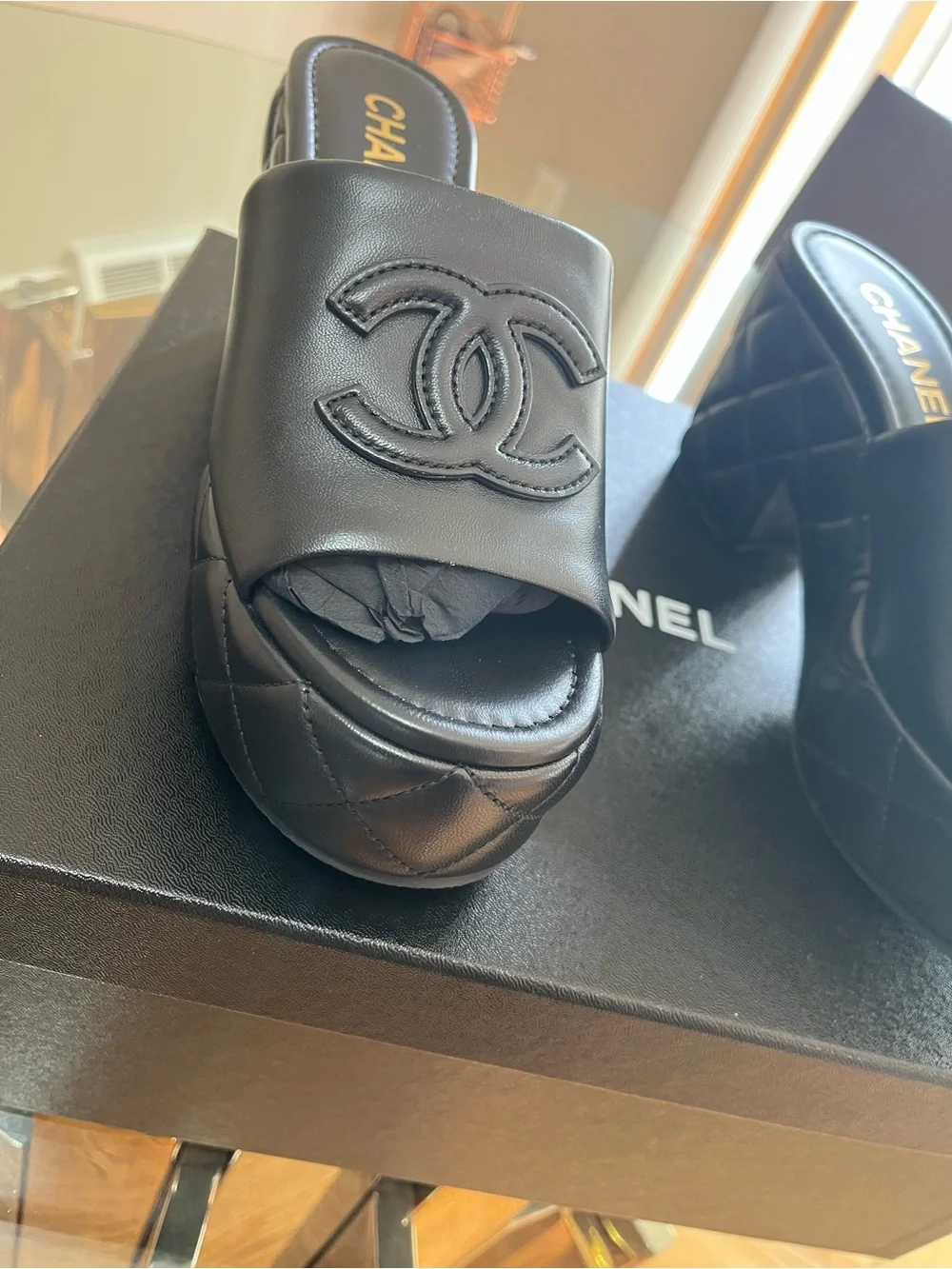 CHANEL Black Quilted Leather Platform Mules with CC Logo